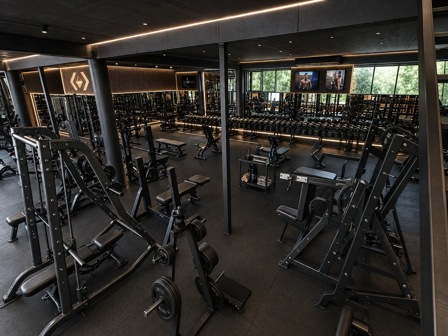 Free-weight zone with dumbbell racks, benches and squat racks