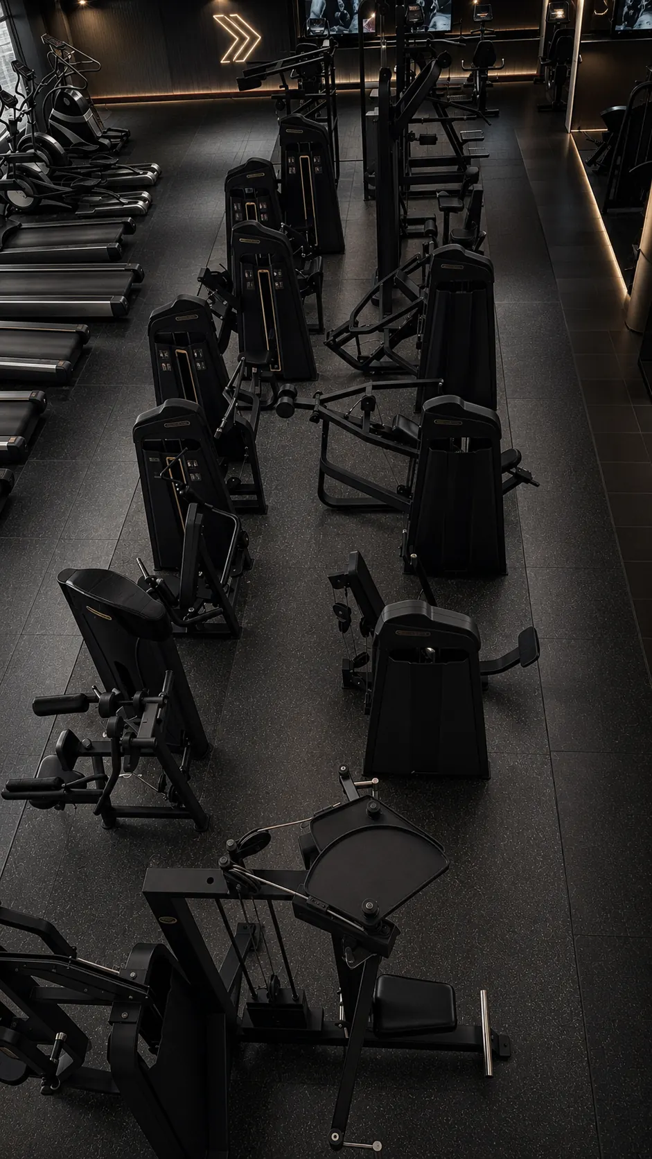 Overhead view of new black strength machines arranged in training lines