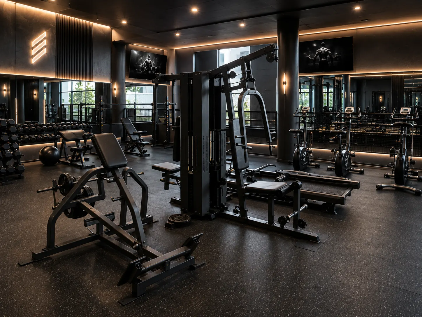 Multi-station cable machine and free-weight area under warm evening lighting
